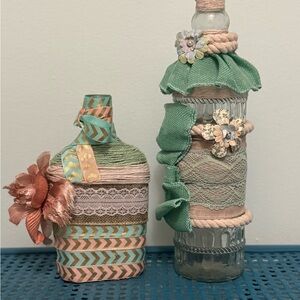 Two Artisan Handmade Wrapped Vases with Floral Accents